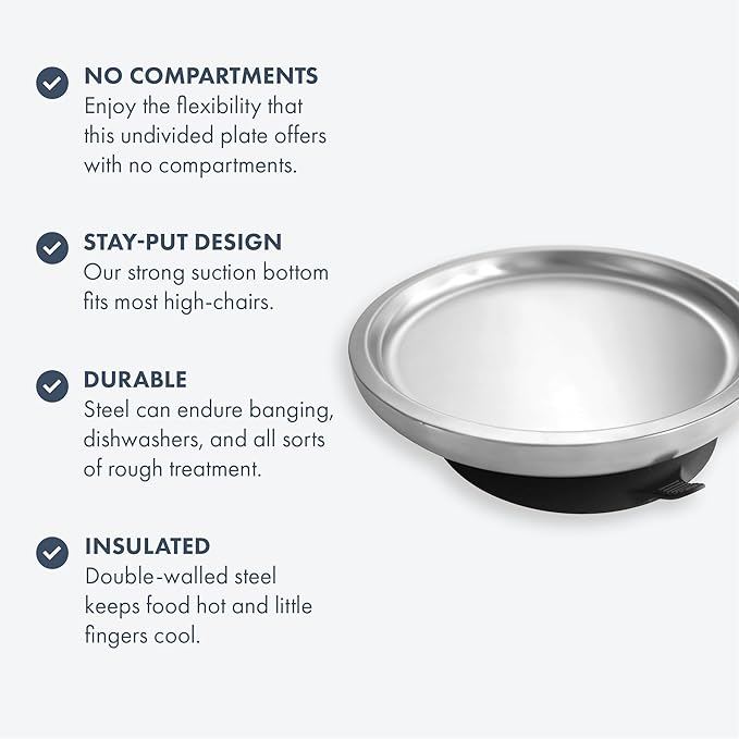 Avanchy Open Baby Plates with Suction – Stainless Steel Divided Plates for Toddlers, BPA-Free, Dishwasher Safe, Unbreakable, Non-Toxic, 100% Silicone Suction – Green