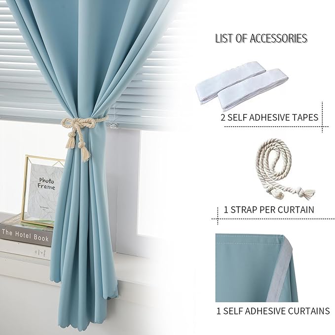 Self Adhesive Curtains, Black Out Shade for Window, Blackout Fabric Temporary Window Coverings Easy to Hang Curtains No Rod Needed, Use for Bedroom, Room, Kitchen, 35" W X 79" L, Lake Blue, 1 Panel