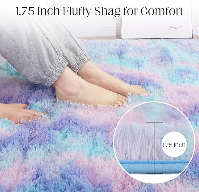 Rainbow Rug for Girls Room, 9x12 Fluffy Area Rugs for Bedroom, Colorful Kids Rug Cute Anti-Skid Indoor Carpet for Nursery, Living Room, Playroom, Home Decor