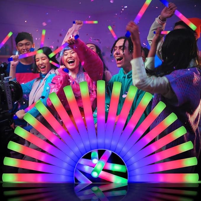 48 PCS LED Foam Glow Sticks Bulk, Glow in the Dark Party Supplies with 3 Modes Colorful Flashing, Neon Party Favors for Birthday, Wedding, Carnival, Concert, New Year
