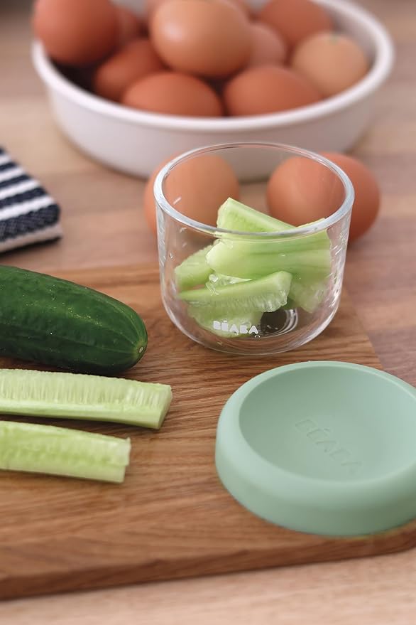 BEABA 5 oz Glass Baby Food Jars with Soft Silicone Air Tight Lids, Glass Storage Containers with Lids, Microwave and Freezer Safe Containers, Sage Green