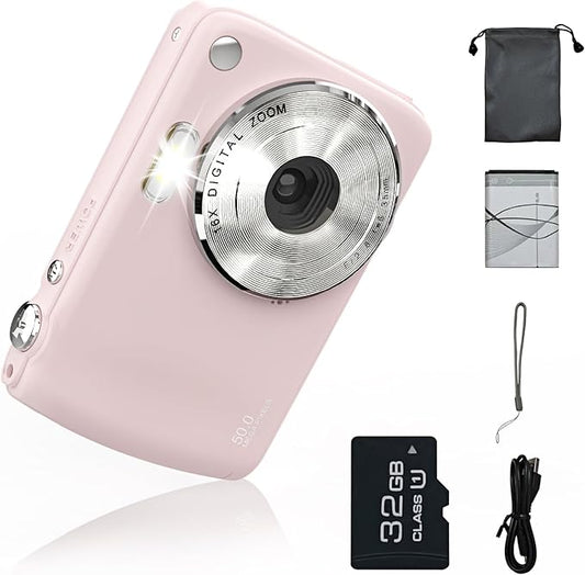 Digital Camera for 50MP FHD 1080P, Digital Point and Shoot Camera with 16X Zoom Anti Shake, Indoor&Outdoor Travel Compact Small Camera Gift for Boys Girls Kids Camera with 32GB Card, Pink