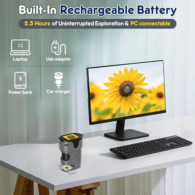 1000X Handheld Microscope for Kids 4K 2.0" Screen Rechargeable Mini Pocket Digital Microscopes w/Slides Kit Portable Edu Gift Age 4-6 8-12 Children Students (Grey)