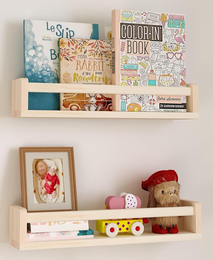 Heimlove Nursery Floating Shelves, Wood Nursery Book Shelves for Wall, 16 inch Wall Bookshelf for Kids Solid Wood Wall Mounted Shelves for Books,Toys and Decor Storage, Set of 2