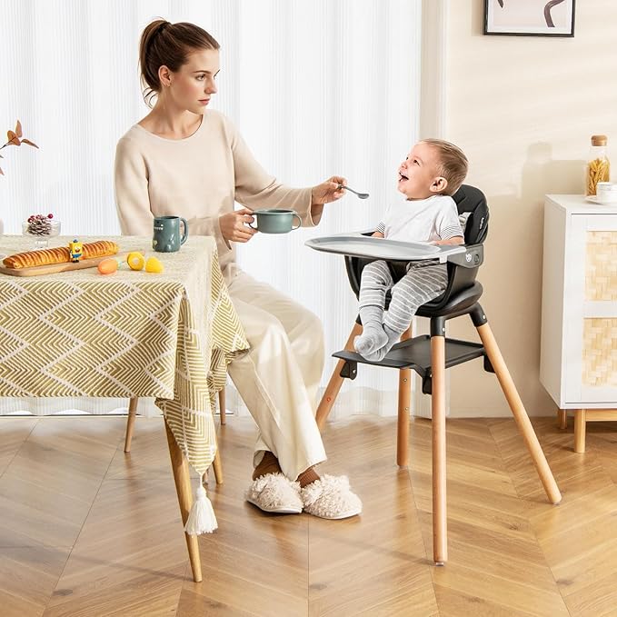 BABY JOY Baby High Chair, 6 in 1 Convertible Wooden High Chair for Babies & Toddlers with Adjustable Legs, Double Removable Tray, Safety Harness & Waterproof PU Cushion (Black)