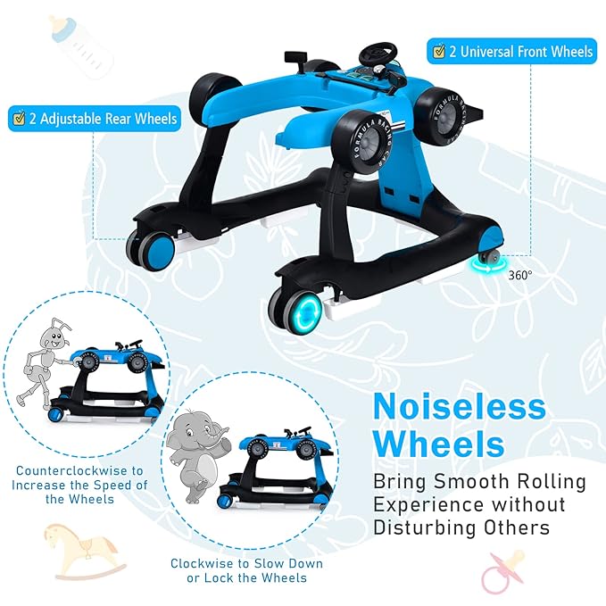 BABY JOY 4-in-1 Baby Walker, Foldable Activity Walker with Adjustable Height & Speed, Music, Lights, Anti-Rollover, Toddler Push Walker, Baby Walker with Wheels for Boys Girls 6-18 Months (Blue)