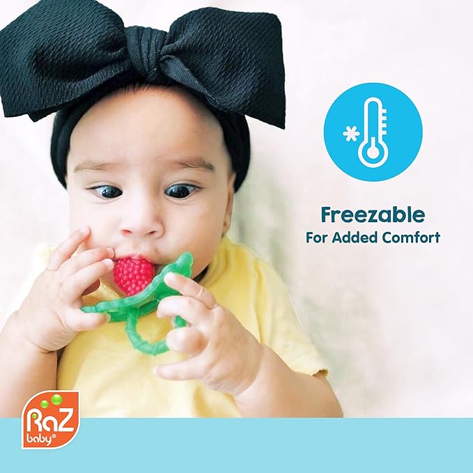 RaZbaby Soft Silicone Infant & Baby 3M+ Teether Toy Berrybumps Textured Teething Relief Pacifier - Soothes Sore Gums - Hands-Free & Easy-to-Hold Fruit-Shaped RaZberry Design, BPA Free – Blue