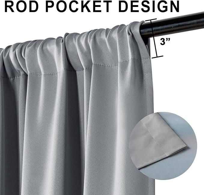 XWZO 100% Blackout Curtains 84 Inches Long with Tiebacks- Privacy Protection & Noise Blocking Window Draperies Rod Pocket with Black Liner for Bedroom/Living Room, Grey, W52 x L84, Set of 2