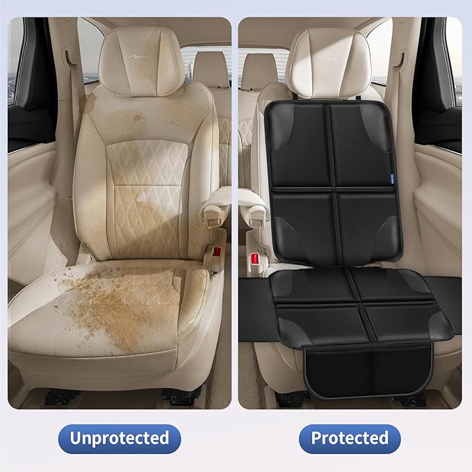 Car Seat Protector, Child Carseat Covers, Protector Car Seat for Baby with Thickest Padded and Non-Slip Waterproof Backing Mesh Pockets for Kids Pets-1 Pack
