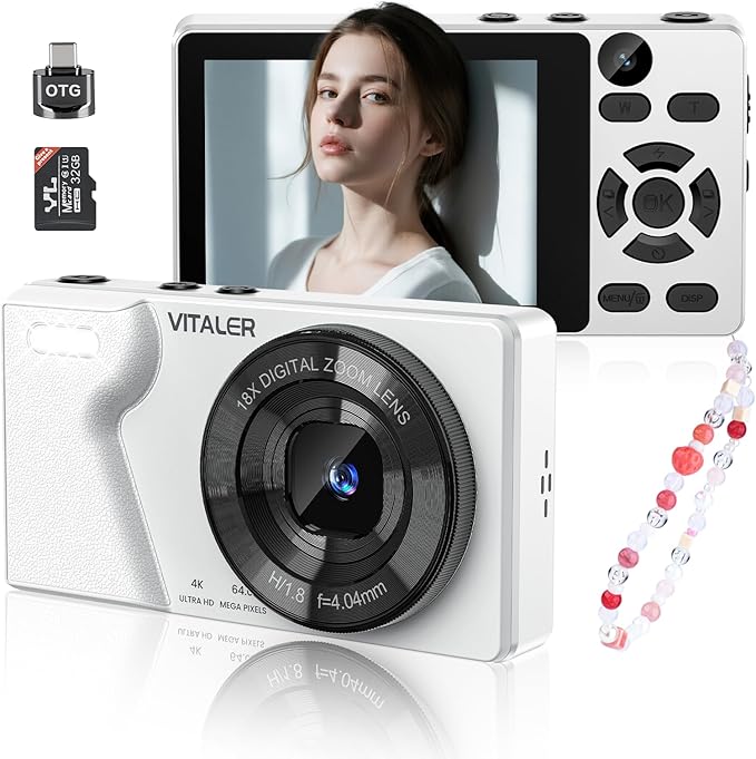 Digital Camera with Front Rear Lens, Autofocus 64MP 4K Camera for Photography with 32GB Card, Portable Compact Point and Shoot Camera for Teens Adult Beginner with Metal Shell, 2000mAh Battery
