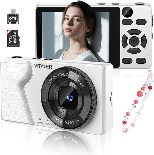 Digital Camera with Front Rear Lens, Autofocus 64MP 4K Camera for Photography with 32GB Card, Portable Compact Point and Shoot Camera for Teens Adult Beginner with Metal Shell, 2000mAh Battery