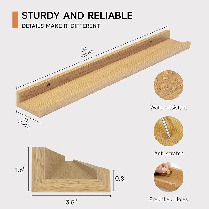 Picture Ledge Shelf for Wall, Floating Shelves Set of 4, 24 Inch Long Nursery Book Shelves for Toys Storage, Kids Bookshelf Wall Mounted for Books Photo Frames, Oak