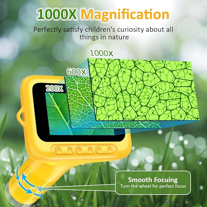 Microscope for Kids, 3'' Digital Handheld Kids Microscope with Adjustable Light, 1000X 1080P Pocket Portable Mini Micro Scope, Stem Toys for Ages 5-7 8-12 Teen Boys and Girls Educational Gifts, Orange