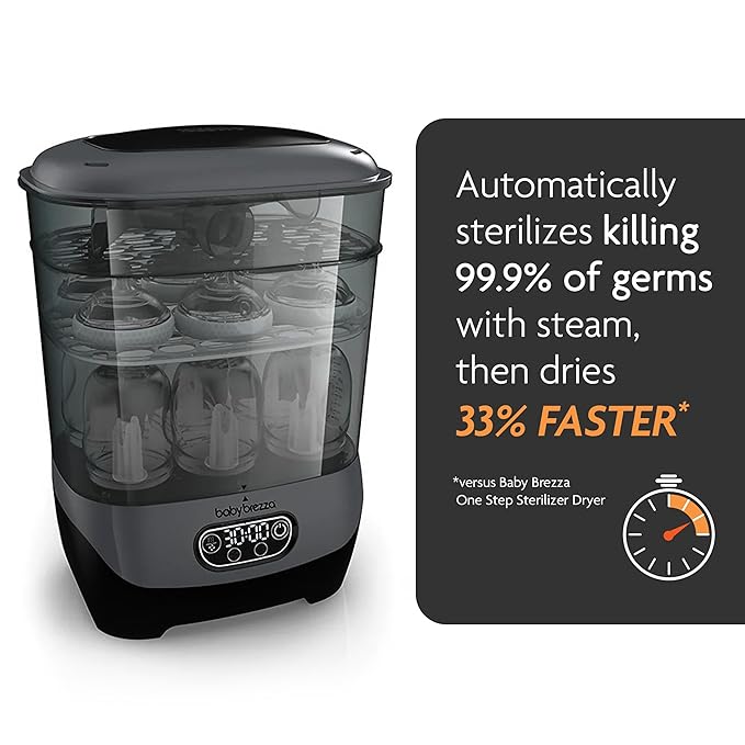 Baby Brezza Bottle Sterilizer and Dryer Advanced – 33% Faster - Largest Capacity Steam Sanitizer - Universal Sterilization Machine for All Bottles + Pump Parts - HEPA Air Filter, Charcoal