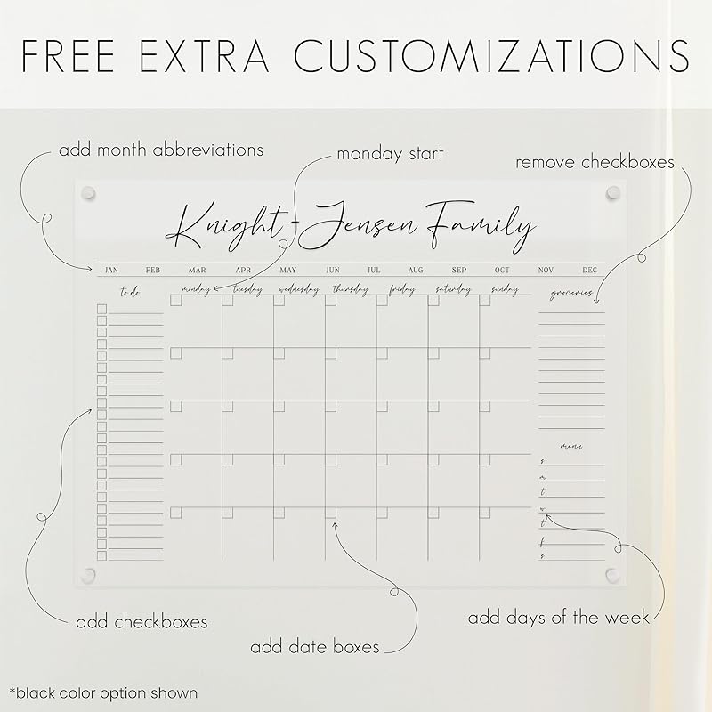 Personalized Clear Acrylic Calendar for Wall, Calendar Whiteboard for Wall, Dry Erase Wall Calendar, Wall Calendar Organizer System for Home (Cursive, Blush, 14"W x 11"H)
