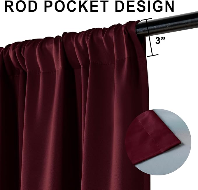 XWZO 100% Blackout Curtains with Tiebacks - Heat and Light Blocking Rod Pocket Window Drapes with Black Liner Backing for Bedroom Sewn with Tiebacks, Burgundy, W52 x L72, Set of 2