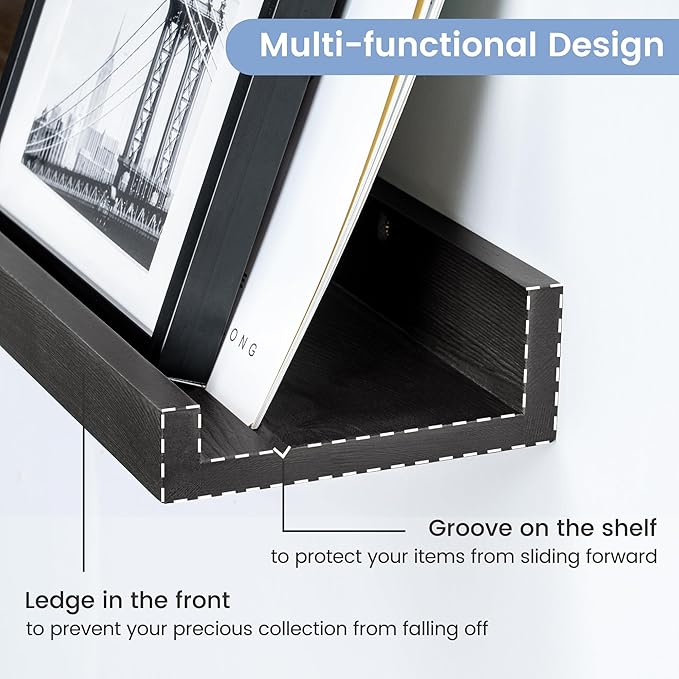 Picture Ledge Shelf for Wall, 16 inch Solid Pine Wood Nursery Book Shelves 2 Packs, Floating Ledge Shelves for Kids' Room Bedroom Bathroom Living Room Photo Frames Office Nursey Wall Decor, Black