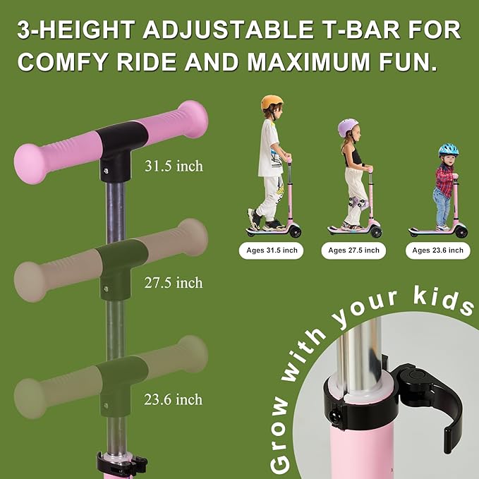 3-Wheel Light-Up Kids Scooter, 20 Different Light Patterns,Three Adjustable Heights,Lean to Steer, Balance Scooter for Ages 3-8