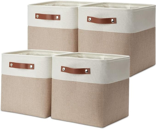 DULLEMELO 11 inch Cube Storage Bins, Large Collapsible Grey Storage Baskets for Square Cubes Organizing, Fabric Boxes Bins for Shelves Nursery Home Office Storage(4 Pack - 11" White&Khaki)