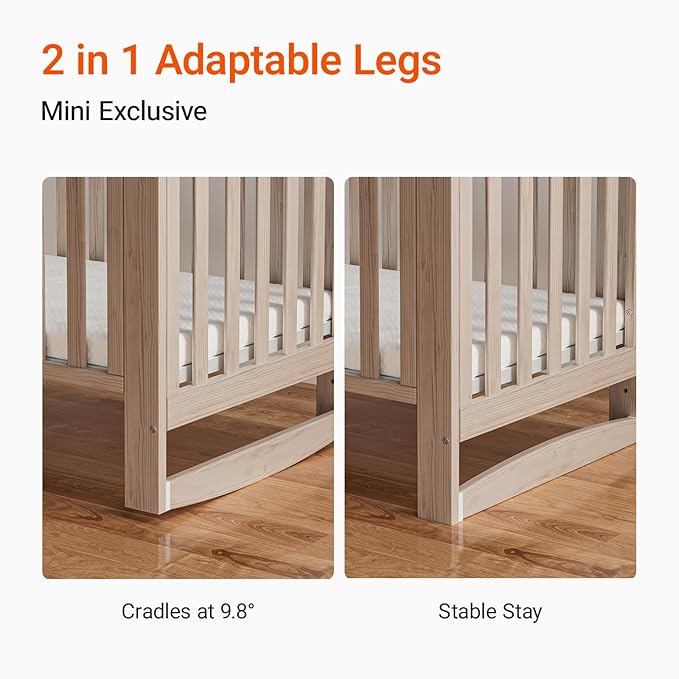 EvoNest Baby Crib, 6 in 1 Convertible Mini Crib with Wheels, 100% New Zealand Solid Wood Growing Bed, 4 Adjustable Mattress Height，Washed Natural