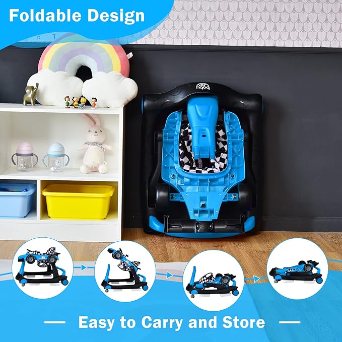 BABY JOY 4-in-1 Baby Walker, Foldable Activity Walker with Adjustable Height & Speed, Music, Lights, Anti-Rollover, Toddler Push Walker, Baby Walker with Wheels for Boys Girls 6-18 Months (Blue)