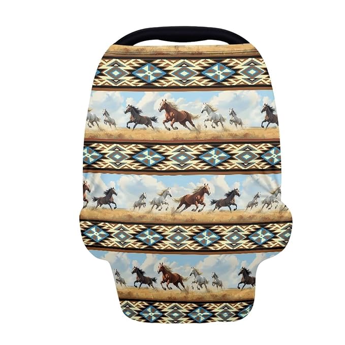Binienty Car Seat Covers Canopy Cover for Babies, Western Aztec Horse Nursing Carseat Canopy Multifunction Breastfeeding Covers Fits Stroller, High Chair, Shopping Cart