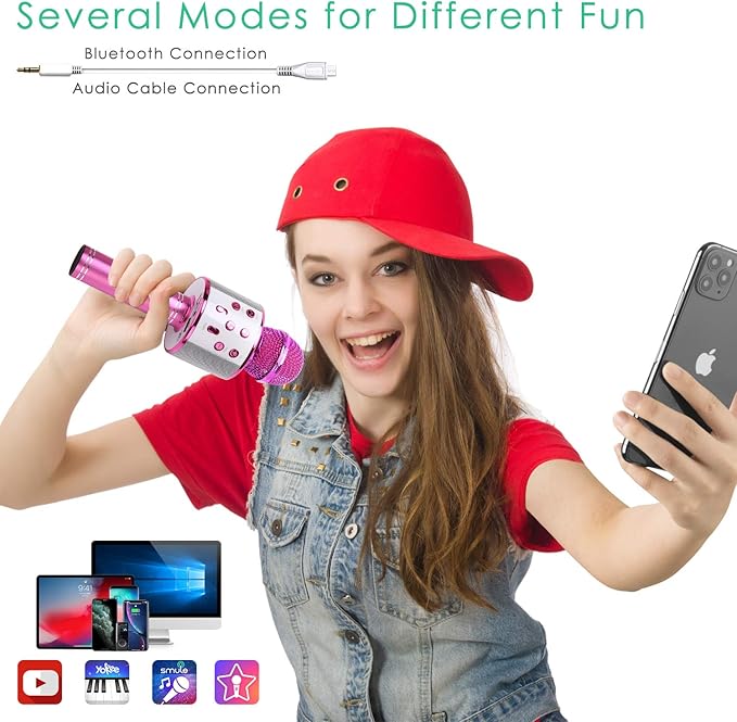 KIDWILL Wireless Bluetooth Karaoke Microphone for Kids, 5-in-1 Portable Handheld Karaoke Mic Speaker Player Recorder with Adjustable Remix FM Radio for Kids Girls Boys Teens Birthday-Hot Pink