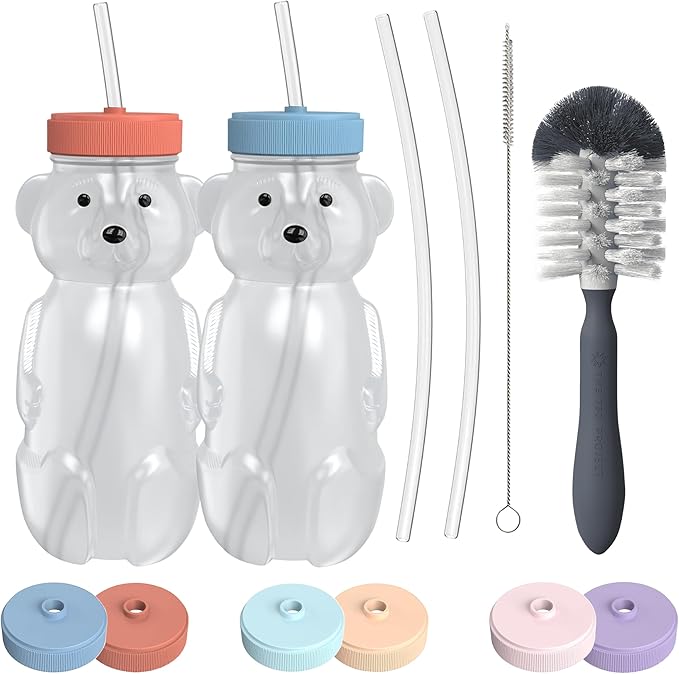 Honey Bear Straw Cup for Babies, 8oz Honey BearCup with Bottle Brush, 2-Pack Improved Lid Therapy Learning Honeybear Straw Cup for Baby Blueberry Pie & Firetruck