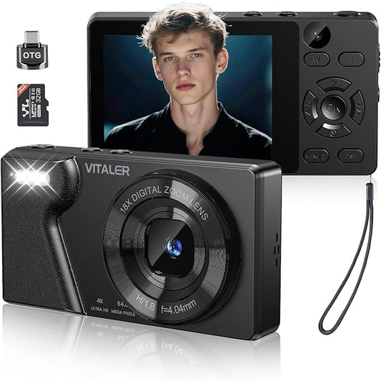 Digital Camera with Front Rear Lens, Autofocus 64MP 4K Camera for Photography with 32GB Card, Portable Compact Point and Shoot Camera for Teens Adult Beginner with Metal Shell, 2000mAh Battery