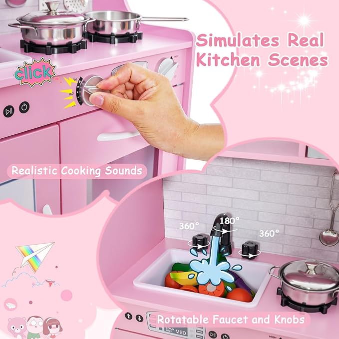 HONEY JOY Pink Kids Kitchen Playset, Wooden Little Chef Pretend Toy Kitchen Set w/Chalkboard, Telephone, Utensils, Oven, Microwave, Sink, Play Kitchen for Toddlers, Gift for Boys Girls, Pink