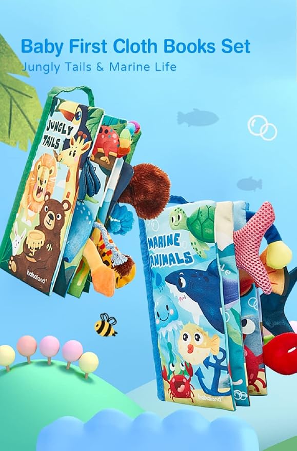 hahaland Baby Toys 0-6 Months - Crinkle Books for Babies 2PCS, Cloth Texture Tails Sensory Book 6-12 Months - Soft, Tummy Time, Montessori Toys 3 4 5 Month Newborn Twin Boys Gifts Travel Infant Toy