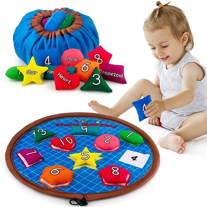 beetoy Shapes Bean Bags Matching Game - Toddler Preschool Learning Activities Memory for Numbers, Shapes, Colors, Words, Preschool Classroom Must Haves Learning Toys for Toddlers (10PCS) (Multicolor)