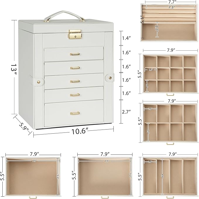 AKOZLIN Large 6-Tier Jewelry Box Lockable Leather Jewelry Storage Case with 5 Drawers for Women Girls Ring Necklace Earring Bracelet Holder Organizer with Mirror
