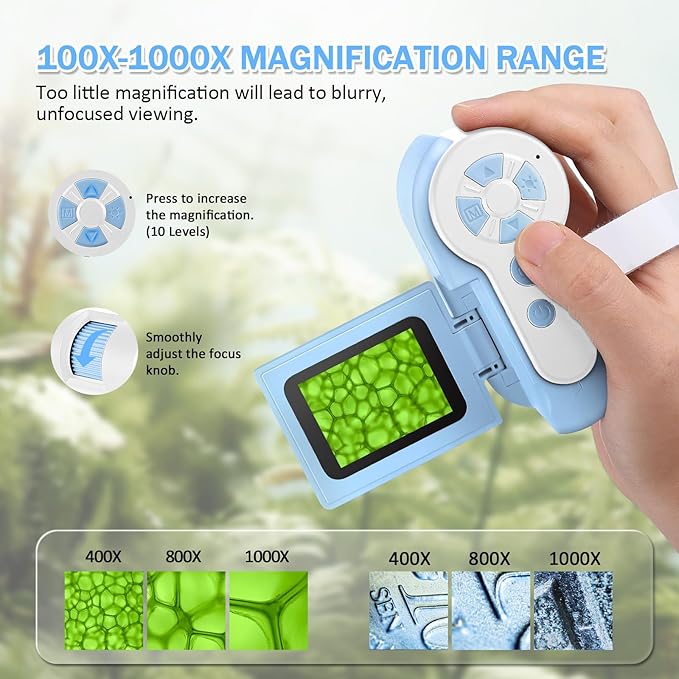 1000X Handheld Microscope for Kids, 4K 2.0" Screen Mini Pocket Microscope with 6 Adjustable LED Lights, Edu Science Birthday Gifts for Kids Ages 8-12, 32G SD Card Included - Blue