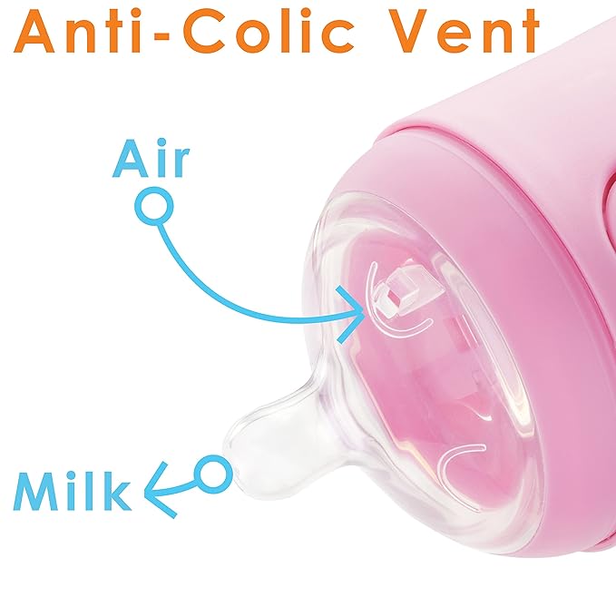 PopYum 5 oz Pink Anti-Colic Formula Making/Mixing/Dispenser Baby Bottles, 3-Pack with #1 Slow Flow Nipples, 150 ml, BPA-Free, Natural Latch