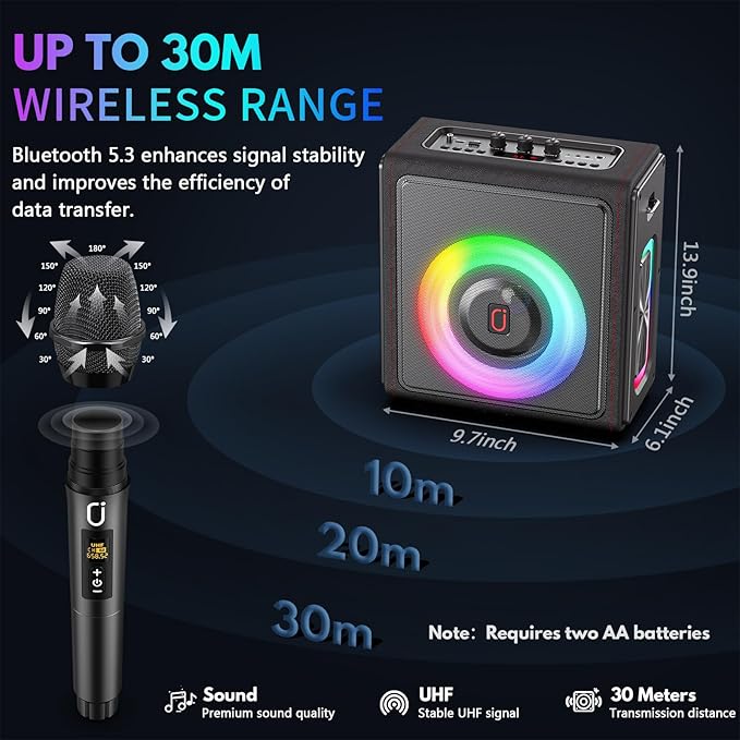 Karaoke Machine, Portable Bluetooth 5.3 Speaker with 2 Wireless Microphones for Adults, PA System with Pitch Correction & Echo Adjustment, Supports TWS/TF Card/USB/AUX/Live for Home Party