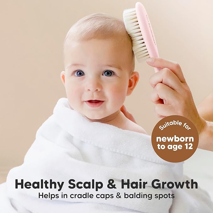 Baby Hair Brush and Comb Set for Newborn - Wooden Baby Hair Brush Set with Soft Goat Bristle, Baby Brush Set for Newborns, Baby Brush and Comb Set Girl, Boy, Toddler Cradle Cap Brush (Oval, Blush)
