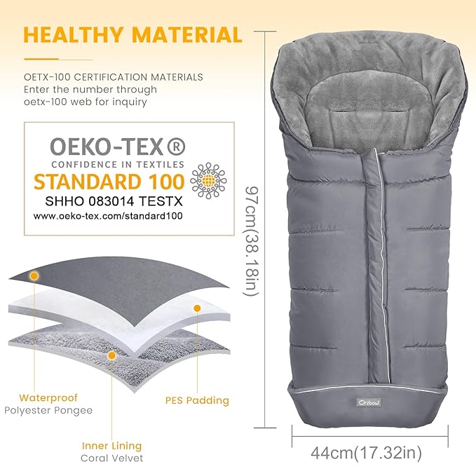Orzbow Warm Bunting Bag Universal,Stroller Sleeping Bag Cold Weather,Waterproof Toddler Footmuff (Grey, Large)