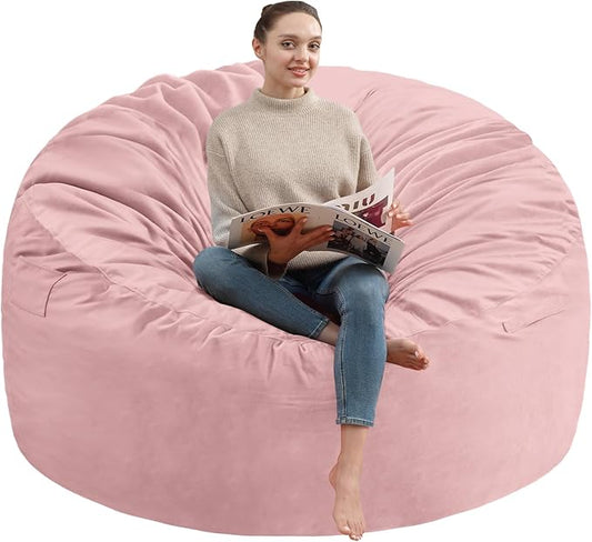 6FT Bean Bag Chair, Large Bean Bag Chairs with Memory Foam Filled, Fluffy Beanbag Sofa with Dutch Velvet Cover, Round BeanBag Chairs for Living Room, Playroom- Light Pink