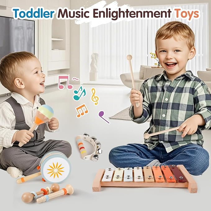 Toddler Musical Instruments-Montessori Wooden Educational Toys for Toddlers 1-3,Baby Musical Instruments,Neutral Color Musical Instruments Set with Xylophone,Maracas,Bell,Birthday Gift for Ages 1 2 3