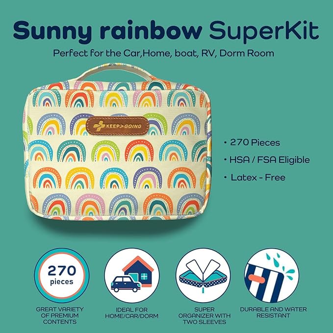 KeepGoing Large Home First Aid Kit for Kids – 270 Pc. for Car, Home, Dorm, & Boat with Latex-Free Bandages – 10 x 7 x 3.5 in. Travel First Aid Kit (Sunny Rainbow)