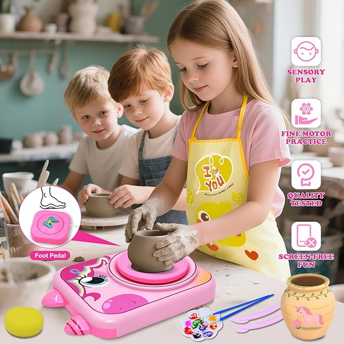 Pottery Wheel for Kids, Girls Arts and Crafts Toys for Kids Ages 8-12,Pottery Studio Craft Kit with 3 Pack Air-Dry Clay, Art Supplies for Kids Toys Girls Birthday Gift for 6 7 8 9 10 11 12+（Pink）