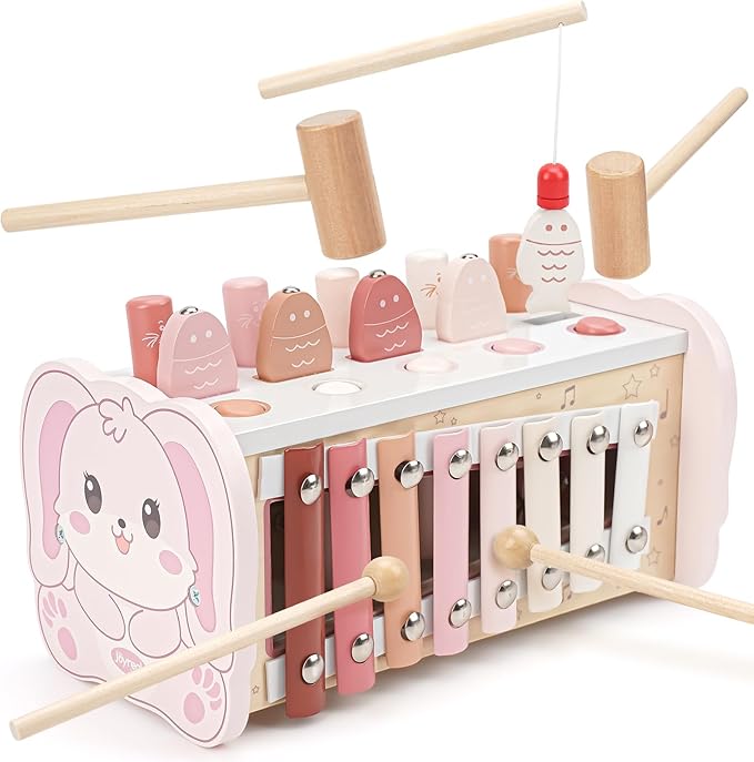 Joyreal Montessori Toys for 1 Year Old Girl Gift - Pink Wooden Hammering Pounding Toy with Xylophone & Fishing Game - Toddler Learning Activities for Kids 1+ 2 3 Year Old Christmas Birthday Gifts