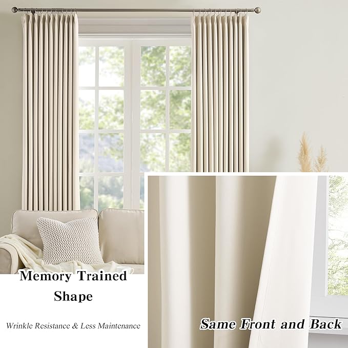KEQIAOSUOCAI Pinch Pleated Curtains 156 Inches Long,Memory Shape Room Darkening Soundproof Window Curtains with Hooks for Bedroom Living Room Track System 40 x 156 x 2 Panels Cream Beige