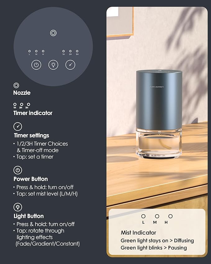Essential Oil Diffuser Waterless Aromatherapy Diffusers for Home Large Room, Bedroom, Car, Office, Desk, Battery Operated, Small Diffuser for Pure Scent, 100mL Capacity, AN9 (Gray)