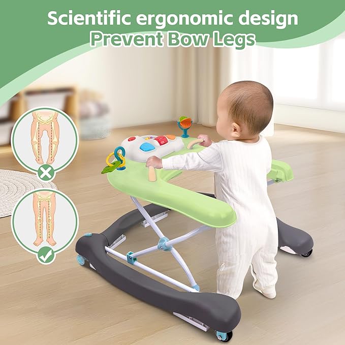 Foldable Baby 5-in-1 Activity Walker - Rocker, Activity Center, Bouncer, Seat Walker, Push Walker - Adjustable Speed Rear Wheels and Height Toys Ages 6-18 Months… (Green)