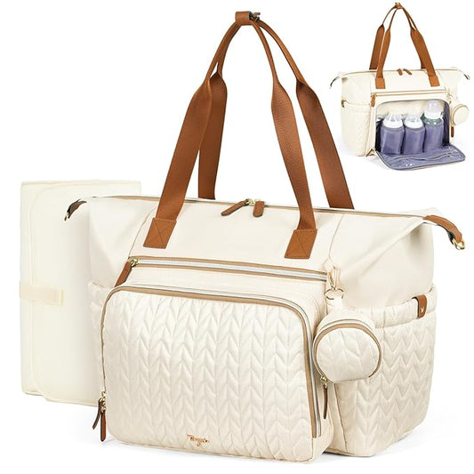 Diaper Bag Tote, Large Baby Diaper Bags Waterproof, Hospital Bag for Labor Delivery with Pacifier Case, Changing Pad, Shoulder Strap, Beige