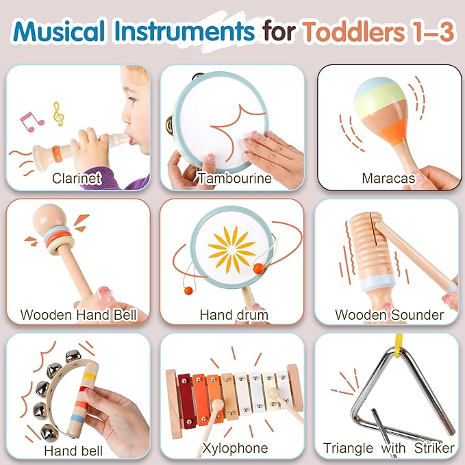 Toddler Musical Instruments-Montessori Wooden Educational Toys for Toddlers 1-3,Baby Musical Instruments,Neutral Color Musical Instruments Set with Xylophone,Maracas,Bell,Birthday Gift for Ages 1 2 3