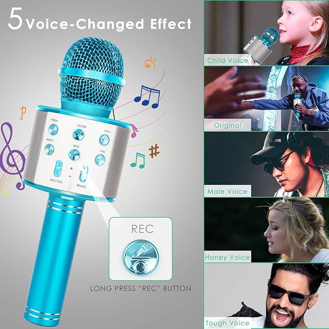 KIDWILL Wireless Bluetooth Karaoke Microphone for Kids, 5-in-1 Portable Handheld Karaoke Mic Speaker Player Recorder with Adjustable Remix FM Radio for Kids Girls Boys Teens Birthday (858-Blue)