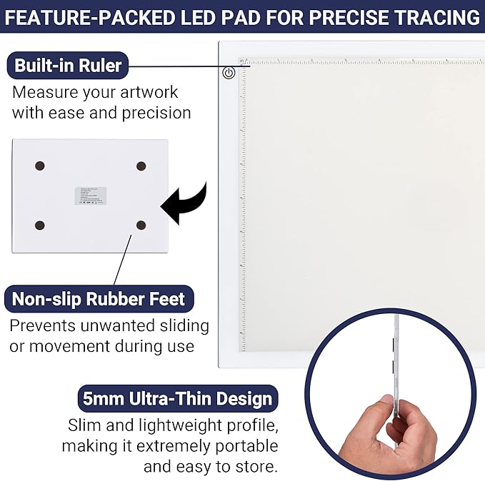 LED Tracing Light Box, Ultra-Thin Light Pad with Adjustable Brightness, Includes USB Cable, Adapter, Tracing Paper, and Clip. Portable Drawing Pad and LED Board for Sketching, Cricut Projects, Art